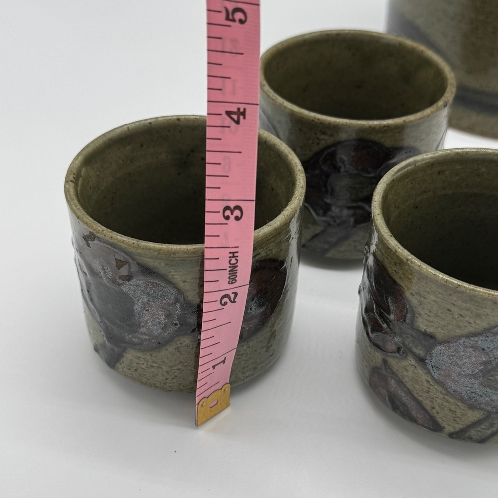 Vintage Japanese Studio Pottery Teapot 3 Cup Set Wabi Sabi Reed Cane Handle - Picture 8 of 12